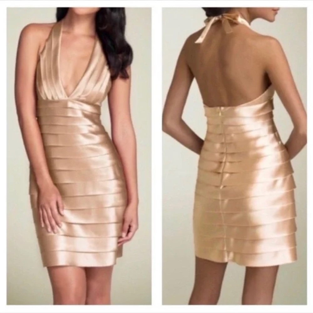 BCBGMaxAzria Champagne Satin Bandage Cocktail Dress with Halter Neck
